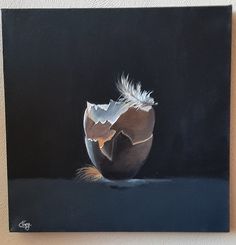 an acrylic painting of a vase with feathers on it's back side