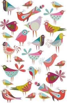 many colorful birds with different designs on them