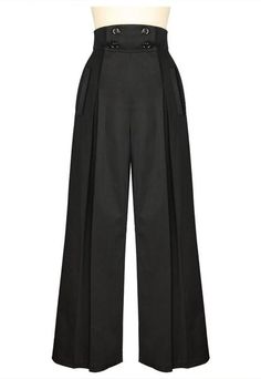 Look hip in these pleated wide-leg retro inspired pants! These high waisted pants have four buttons on the front that function for the opening, with convenient real front and back pockets.     Available in dark khaki and black. Standard size approx. length: 44 inches; Plus size approx. length: 48 inches. Made of Sateen Vintage Wide Leg Pants, Rock Dress, Outfit Vintage, Moda Paris, Vintage Trousers, 40s Fashion, Black High Waist, Professional Fashion, 1940s Fashion