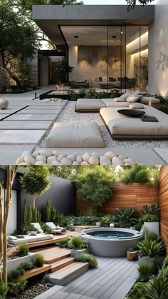 an outdoor living area with plants, rocks and water feature in the center is shown