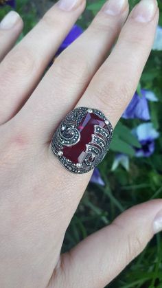 Burgundy ring Red marcazite ring Statement red ring Red vintage 70th ring Armenian silver jewelry Antique Red Gemstone Diamond Ring, Antique Red Diamond Ring With Gemstone, Victorian Style Red Round Rings, Ruby Red Filigree Ring For Anniversary, Antique Red Ruby Ring For Anniversary, Anniversary Red Ruby Filigree Ring, Red Stamped 925 Rings For Anniversary, Red Vintage Crystal Promise Ring, Vintage Red Crystal Promise Ring