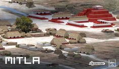 an artist's rendering of a small village in the middle of a desert area