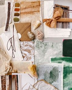 an assortment of papers and other items are arranged on top of each other in this collage