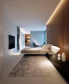 an image of a modern bedroom with white furniture and wood paneling on the walls