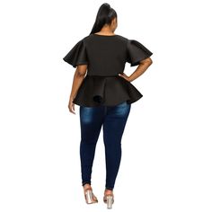 Crafted from airy neoprene fabric, this top holds its eye-catching silhouette effortlessly, ensuring you stand out in any crowd. The unique texture of the fabric adds a touch of modernity to the classic peplum design. Peplum Design, Peplum Designs, Shipt Shopper, Neoprene Fabric, Linen Women, Flutter Sleeve, Peplum Top, Sleeve Styles, Fabric Weights