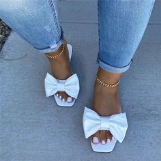 Heels Height:flatUpper Material: PU Spring 23, Elegant Flats, White Fashion Casual, Bow Women, Women Slides, Sandals Flat, Summer Slippers, Flat Slipper, Bow Sandals