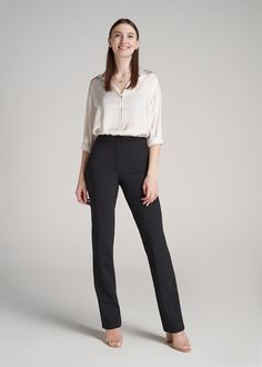 About Our Slacks for Tall Women The search for extra-long women's dress pants is over. Whether you're meeting clients to close a deal or walking into a big job interview, you need an outfit that's going to make you look good and feel confident. Finding options when you're vertically blessed can be tough, which is why we designed this pair of slacks for tall women between 5'9” and 6'6”. They have an extra-long inseam with a turn-up hem, a traditional straight fit that will flatter your long legs Slacks Work Outfits Women, Dresses For Tall Slim Ladies, Black Formal Pants Outfit Women, Black Formal Pants Outfit, Black Trouser Outfit, Black Slacks Outfit, Pants For Tall Women, Slacks Outfit, Formal Pants Women