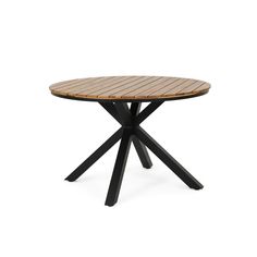 a round table with black legs and a wooden top