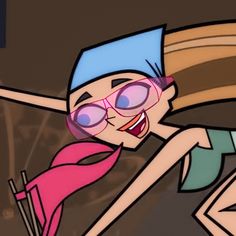 a cartoon character with glasses and a pink scarf around her neck holding a wooden stick