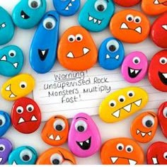 many different colored rocks with faces on them and the words warning unapened rock monsters multicolored