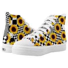 Spiral Checker Board and Sunflowers sneaker shoes. Fun mixed spiral black and white checker boards background with sunflower pattern overlay. (Different sizes and patterns of black and white checker boards.) Find more at Motivate Me. Link below; Floral Print High-top Sneakers For Streetwear, Sporty Floral Print Sneakers For Streetwear, Trendy White Sneakers With Floral Print, Trendy White Floral Print Sneakers, White High-top Sneakers With Floral Print, Sporty White Sneakers With Floral Print, Sneaker Gift Ideas, Checkered Outfit, White Sunflower