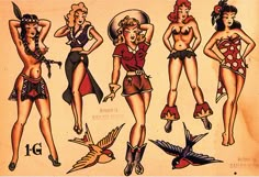 an old school pin up drawing of women in bikinis and boots with birds on their backs