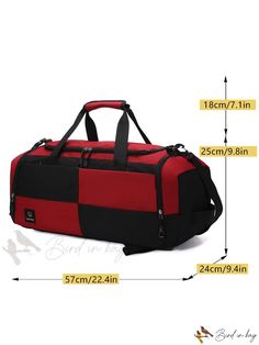 a red and black duffel bag with measurements for the bottom compartment, side view