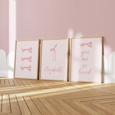 three framed pink prints with the words you are loved on them in front of a pink wall