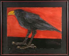 a painting of a black bird sitting on top of a red and black floor next to a wall