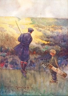 a painting of two people walking in the grass with one holding a baseball bat and the other carrying a bag