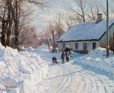 a painting of people walking in the snow