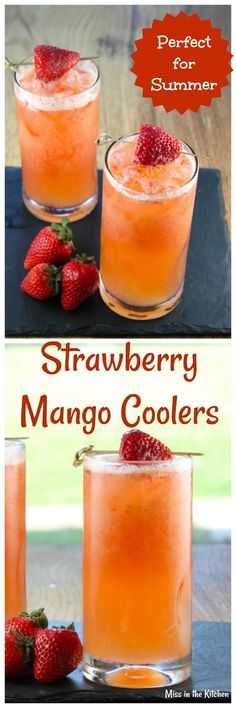 two glasses filled with strawberry mango coolerrs