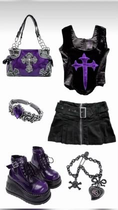 Purple Scene Outfits, Goth Outfits Female, Draculaura And Elissabat, Sarah Outfits, Angel From Heaven, Purple Goth, Punk Rock Outfits, Purple Fits, Scene Outfits