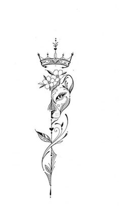 a black and white drawing of a flower with a crown on it's head