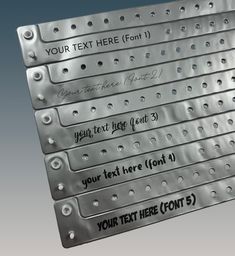 four metal grates with holes on them are shown in three different sizes and font options