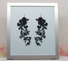 Beautiful black lace earrings! Floral earrings are light weight and comfort to wear, cute & lovely for any outfit or just for brighten up your day. Long earrings can be a wonderful gift for yourself or a friend! Black earrings are available in about  and 13.00 cm ( 5.11 inches) without hooks and are attached to hypoallergenic surgical steel hooks.    MATERIALS: ☑ Surgical Steel hooks and Rubber Backs.  ☑ 100% polyester ■ ■ Combined shipping! You will only pay once no matter how much you order ■ Black Filigree Earrings For Gift, Black Filigree Earrings As Gift, Black Filigree Earrings, Handmade Black Wedding Earrings, Elegant Black Flower Earrings For Wedding, Lace Earrings, Earrings Flower, Flower Lace, Earrings Wedding