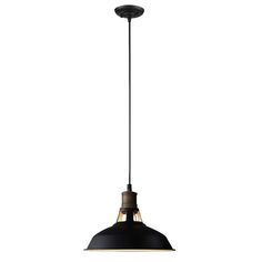 a black light hanging from the ceiling with an industrial style shade on it's side