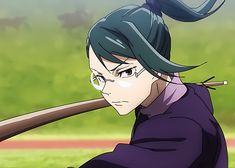 an anime character holding a baseball bat in front of his face and looking at the camera