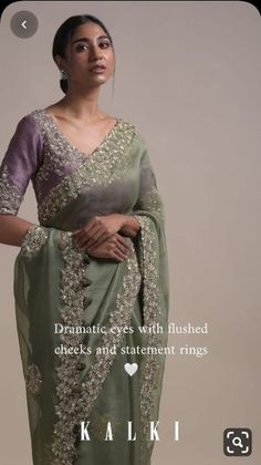 Sage Green Saree, Chiffon Saree Party Wear, Cutwork Blouse, Zardozi Embroidery, Indian Saree Blouses Designs, Indian Fashion Saree, Saree Designs Party Wear, Indian Dresses Traditional