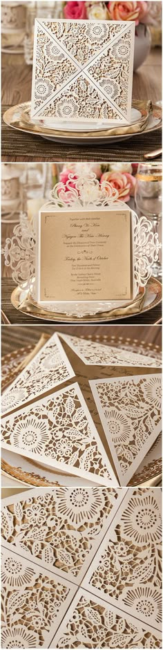 the table is set with gold and white paper