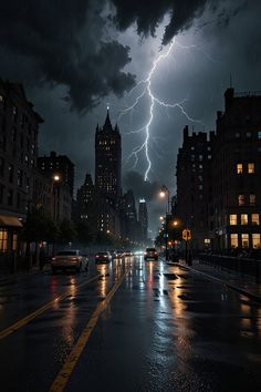 a city street at night with cars and lightning