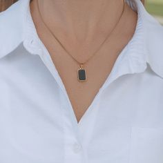 B L A C K ∙  E N A M E L  ∙  N E C K L A C E This black square pendant necklace with 18k gold waterproof and NO tarnish finished will complete your daily look. This is the perfect gift for her! * Material: High Quality Stainless Steel, 100% WATERPROOF * Enamel  * Finish: 18K Gold Chain Length: 16" +  2" extender H O W ∙ T O ∙ O R D E R * Select your Style in the drop down menu. The necklace are available in 4 styles ...O T H E R ∙ I N F O R M A T I O N * All items are beautifully packaged. Ready Necklace Black Gold, Luxury Elegant Necklace With Black Enamel, Black Tarnish-resistant Charm Necklace As Gift, Black Pendant Charm Necklace, Black Pendant Charm Necklace For Everyday, Black Rectangular Jewelry For Everyday Wear, Rectangular Black Jewelry For Everyday Wear, Everyday Black Pendant Charm Necklace, Black Necklace With Rectangular Pendant For Everyday