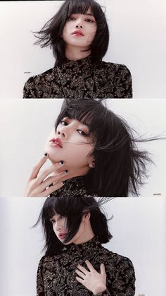 three different shots of a woman with black hair and bangs, one is holding her hand to her face