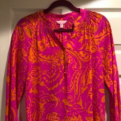 Perfect Condition, Maybe Even Nwot? Check Out My Closet For More Lilly And Bundle And Save. Stretch Pink Tops For Vacation, Pink Stretch Casual Blouse, Pink Stretch Blouse For Vacation, Casual Pink Stretch Blouse, Casual Stretch Pink Blouse, Stretch Pink Blouse For Beach, Stretch Pink Blouse For The Beach, Fitted Pink Printed Blouse, Pink Stretch Printed Blouse