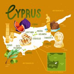 an illustrated map of cyprus with all the major tourist attractions and their names on it