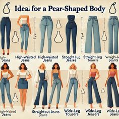 Discover the best jeans and trousers that flatter a pear-shaped body! From high-waisted jeans and dark washes to bootcut and wide-leg styles, find the perfect fit to accentuate your curves and balance proportions. Feel confident and stylish with these flattering picks! #PearShapedBody #FlatteringJeans #FashionForAllShapes #BestTrousers  High-Waisted Jeans: Accentuates the waist and elongates legs. Bootcut Jeans: Balances out the hips for a flattering silhouette. Wide-Leg Trousers: Creates a streamlined look and evens out proportions. Dark-Wash Jeans: Slimming and versatile for any outfit. Straight-Leg Pants: Adds structure without adding volume to the hips. Pear Body Style Outfits, Pear Body Shape Outfits Winter, Wide Leg Pants Pear Shape, Pear Shaped Fashion Outfits, Pear Silhouette Outfit, Pear Shaped Pants, Best Jeans For Big Thighs, Jeans According To Body Shape, What Jeans To Wear Body Types