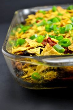 a casserole dish with peas and other vegetables