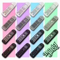 there are many different types of remotes on the same color background and one is black, white, pink, blue, green, purple, yellow