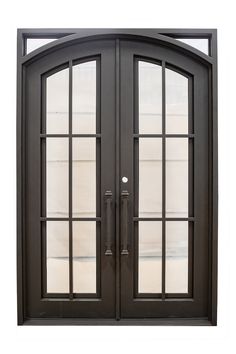 the double doors are black and have glass panels on each side, along with an arched top