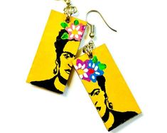 Frida Earrings Floral Yellow Frida Earrings Hand Painted | Etsy Artsy Yellow Jewelry With Ear Wire, Artsy Yellow Earrings For Pierced Ears, Yellow Earrings With Artistic Design For Gift, Artisan Yellow Earrings As Gift, Artistic Yellow Jewelry With Matching Earrings, Artisan Yellow Earrings For Gift, Yellow Dangle Earrings In Artsy Style, Artsy Yellow Earrings With Artistic Design, Fun Yellow Hand Painted Earrings