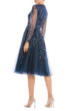 Mac Duggal Crystal Embroidery Long Sleeve Fit & Flare Cocktail Dress | Nordstrom Short Wedding Guest Dresses, Tea Length Cocktail Dresses, Fit And Flare Cocktail Dress, Tea Length Skirt, Abstract Embroidery, Long Sleeve Cocktail Dress, Bride Groom Dress, Semi Formal Dresses, Western Chic