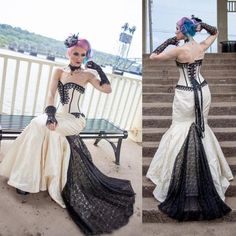 two photos of a woman in black and white dress sitting on steps with her hands behind her head