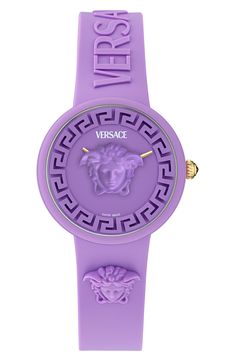 A 3D Medusa head centers the dial of a 'populent' watch designed with a case and strap made from matte silicone and featuring Swiss quartz movement. 38mm case; 18mm band width Buckle closure Swiss quartz movement Silicone Swiss made Purple Watch, Dark Goddess, Michael Kors Shop, Gucci Shop, Versace Jewelry, Versace Watch, Apple Watch Accessories, Medusa Head, Nike Sneakers Women