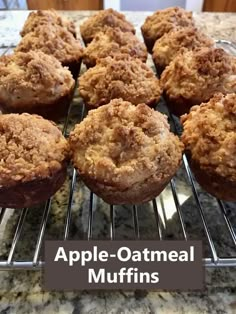 apple - oatmeal muffins on a cooling rack with the words, apple - oatmeal muffins