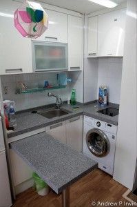 a kitchen with a washer and dryer in it next to a counter top