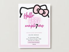 a hello kitty birthday party card with pink and black lettering