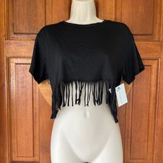 Fringe Crop Front, With Hem Back, Short Sleeves. Trendy Black Top With Fringe, Trendy Black Fringe Top, Casual Fringe Crop Top For Summer, Casual Black Fringe Tops, Casual Fringe Crop Top For Festival, Casual Fringe Crop Top For Spring, Casual Fringe Tops For Night Out, Black Fringe Tops For Summer, Oversized Grey Sweater