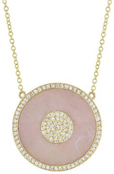 Jennifer Meyer Pink Opal Inlay Diamond Evil Eye Necklace - Yellow Gold Fine Jewelry Gemstone Round Pendant Necklace, Exquisite Oval Necklace With Large Pendant, Luxury Gemstone Medallion Necklace, Elegant Pink Round Pendant Necklace, Oval Diamond Necklace With Large Pendant, Elegant Pink Round Diamond Necklace, Fine Jewelry Round Gemstone Necklaces, Formal Medallion Necklace With Gemstone, Exquisite Rose Gold Round Necklace