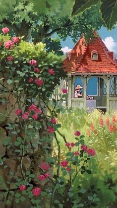 a painting of a gazebo in the middle of flowers and trees with people on it