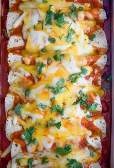 a casserole dish with chicken, cheese and parsley